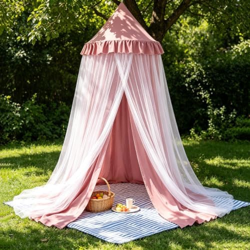 Kertnic Princess Bed Canopy for Girls, Double Layer Round Bed Mosquito Net, 31.5" Large Dome Indoor Castle Bed Tent, Sleeping & Reading Nook Curtain for Boys Girls (Dark Rusty-Pink)