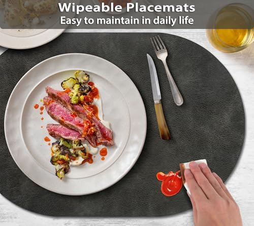 ADRIMER Oval Placemats Set of 12, Wipeable Faux Leather, Dark Grey