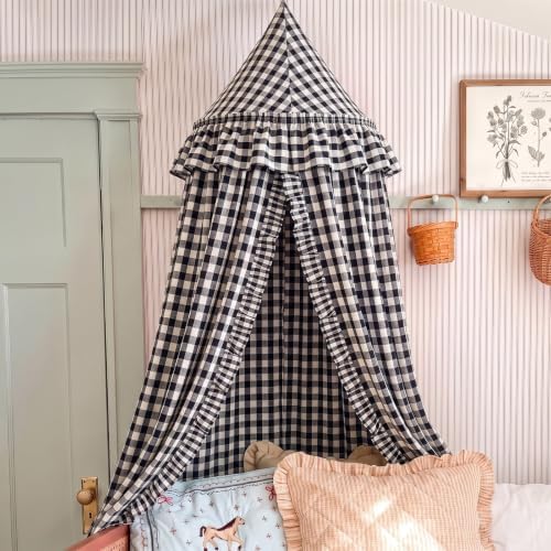 SmoothNovelty Gingham Plaid Bed Canopy, Black White, Round