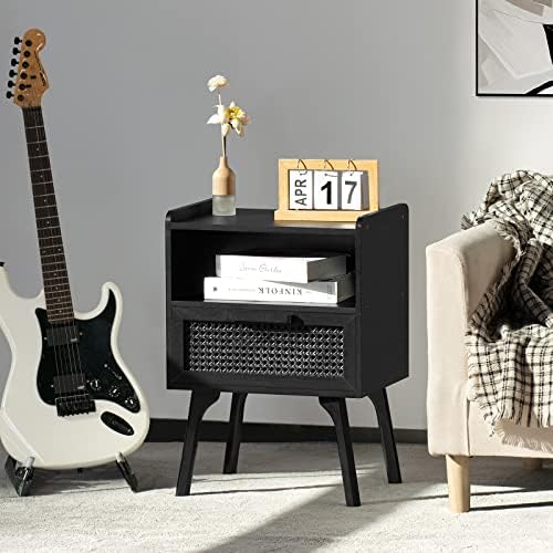 Lerliuo Rattan Nightstands Set of 2, Boho Side Table with Drawer Open Shelf