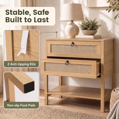 GIANTEX Rattan Nightstand with 2 Drawers, 27" Wide Boho Bedside Table