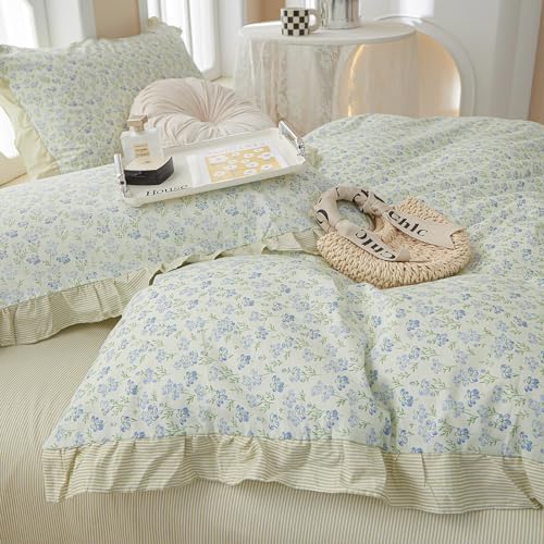 Green Floral Ruffle Comforter Set Queen Girls Cute Blue Flowers Comforter Fluffy Soft Cottagecore Bedding Set Vintage Botanical Comforter with 2 Pillowcases Romantic Lace Boho Bed Comforter Set