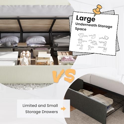 SHA CERLIN King Size Chenille Lift Up Hydraulic Storage Bed Frame Cream