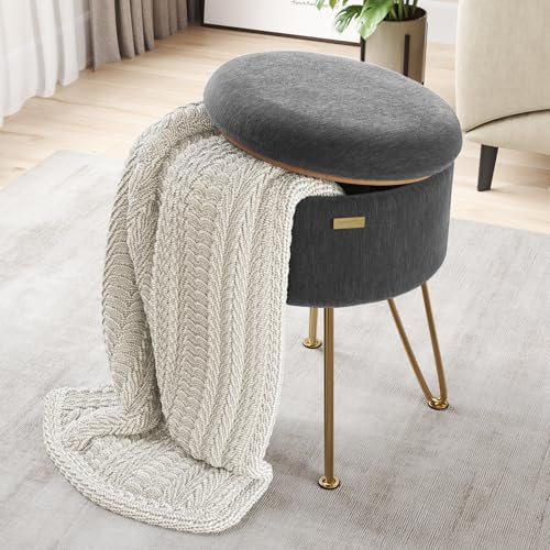 Round Ottoman with Storage, Textured Velvet Storage Ottoman, Foot Stool Ottomans, Makeup Vanity Stool, Small Ottomans Foot Rest, Modern Vanity Stools for Living Room and Bedroom, Grey
