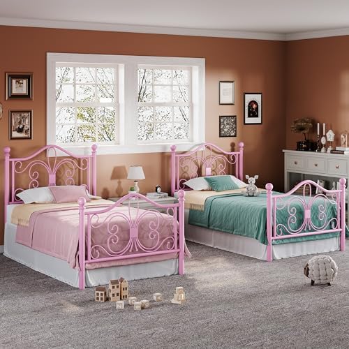 Allewie Metal Twin Platform Bed Frame, Butterfly Pattern Design, Pink