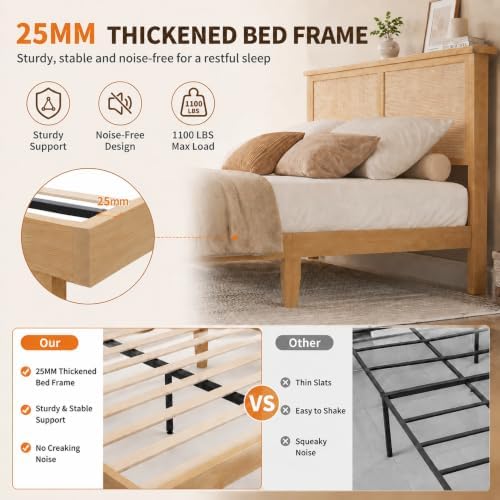 Jojoka Farmhouse Rattan Bed Frame with Natural Headboard & RGB LED Lights - Sturdy Wood Platform, Silent Slats, Generous Underbed Storage, No Box Spring Needed, Bedroom Furniture (New Structure)