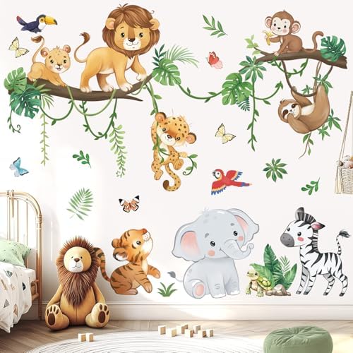 wondever Jungle Animals Tree Branch Wall Decals Safari Lion Wall Stickers
