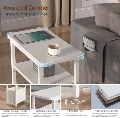 sthmec Narrow Side Table Set of 2, Skinny End Tables with Fabric Basket, Small Side Tables for Small Space,2-Tier Open Shelves with Basket, Slim Nightstands Set 2 for Bedroom,Livinroom,Office,White