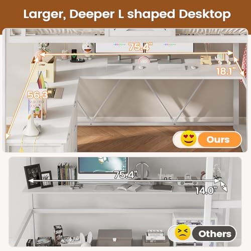 Itaar Full Size Loft Bed with Desk and Storage Stairs, Metal Loft Bed with 6 Storage Drawers, Hall Tree, LED Lights and Power Outlet, for Kids, Teens, Adults, (White, Full)