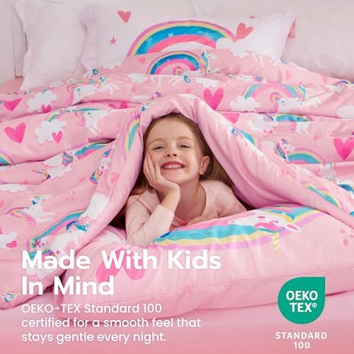 Joiedomi Kids Comforter Set Bedding Set for Boys Girls Super Soft Microfiber Bed in a Bag with Comforter Sheets Pillowcase Sham, Pink Unicorn Rainbow, Twin