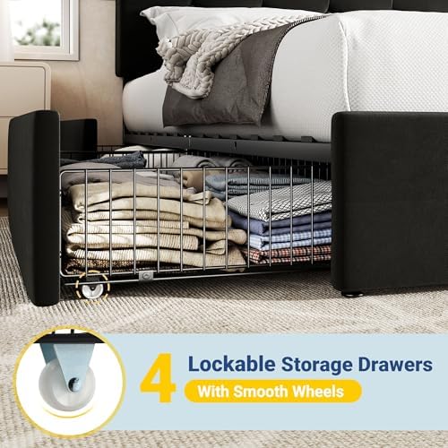 Allewie Full Size Storage Bed Frame with 4 Underbed Drawers, Upholstered Platform Bed with Adjustable Headboard, Square Button Tufted, Easy Assembly, Noise-Free, No Box Spring Needed, Soft Black