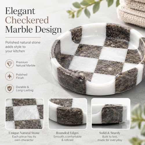 Marble Spoon Rest for Stove Top - Checkered Kitchen Utensil Holder, Coffee Bar Spoon Rest for Counter, White Grey Stone Utensil Rest for Cooking