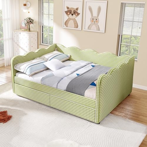 Full Size Daybed with Storage Drawers, Linen Gingham Daybed with USB Ports & Wave Shaped, Upholstered Day Bed Frame, Modern Sofa Bed for Living Room/Bedroom/Guest Room, No Box Spring Needed, Green