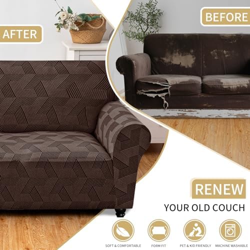 JIVINER 1 Piece Couch Cover for 3 Cushion Couch, Stretch Extra Large Sofa Covers with Elastic Bottom, Washable Oversized Sofa Slipcovers Feature Geometrical Jacquard Fabric (XL Sofa, Brown)