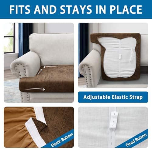 T Cushion Sofa Slipcovers Leather-Look 3PC Stretch Sofa Cushion Covers for 3 Cushion Couch Individually Couch Seat Covers with Elastic Bands, Pet-Friendly, Non-Slip, Easy Fit - Brown