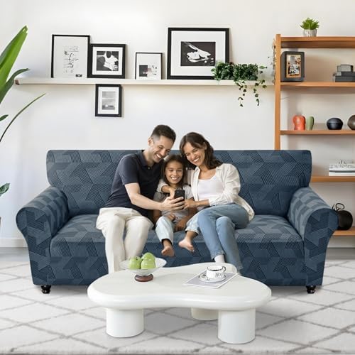 JIVINER 1 Piece Couch Cover for 3 Cushion Couch, High Stretch Sofa Covers with Elastic Bottom, Washable Sofa Slipcovers for Dog, Pets Feature Geometrical Jacquard Fabric (Sofa, Dark Grey)