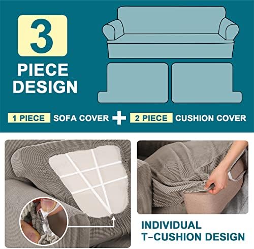 Turquoize 3 Piece T Cushion Sofa Slipcovers Sofa Cover for T Cushion Sofa Couches Stretch Couch Cover Furniture Covers with 2 Individual T Cushion Covers, Machine Washable (2 Cushion Sofa, Taupe)