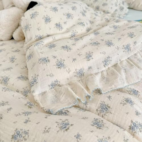 Blue Floral Toddler Duvet Cover with Ruffle, Freesia Print,No Pillow