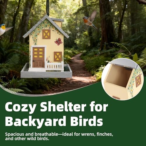 MEWANG Colorful Hanging Wooden Bird House Feeder, Light Yellow