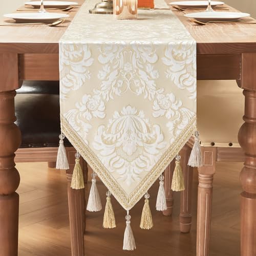 Loom and Mill Elegant Jacquard Table Runner 72 inches Long, Beige+White