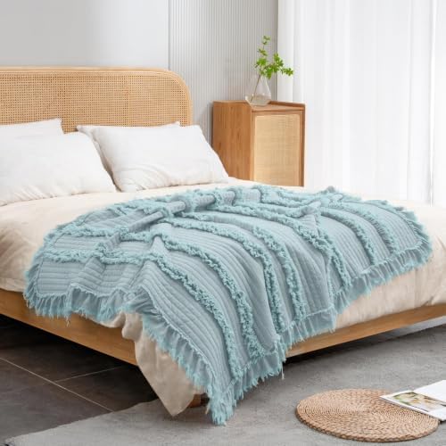 Ultra Soft Pre-Washed Quilted Boho Blue Twin Size Blankets for Bed, Ruffle Fringed Decorative Throw, Stone Washed Chic Rustic Blanket for Sofa Couch Bed, 60"*80"