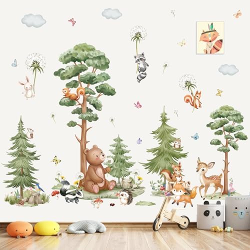 wondever Woodland Animal Tree Wall Decals Forest Bear Deer Wall Stickers