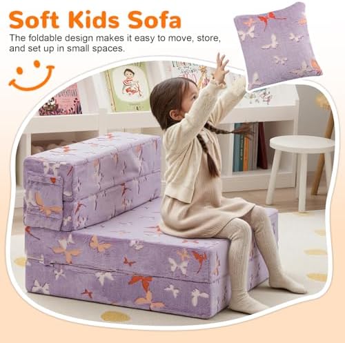 MeMoreCool Kids Floor Mattress, 8in Glow Butterfly Trifold Sofa Bed, Purple