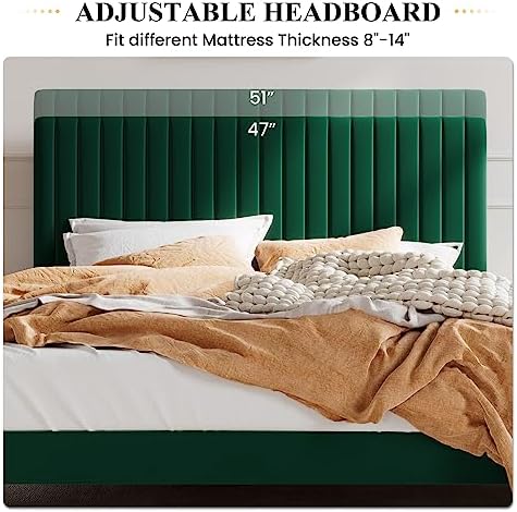 SHA CERLIN Full Upholstered Platform Bed Frame with Vertical Channel Tufted Velvet Fabric Adjustable Headboard, Wooden Slats Support, Mattress Foundation, Box Spring Optional, Green