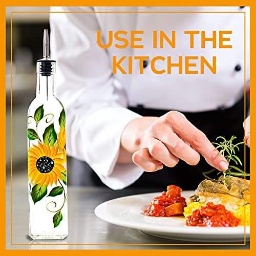 17oz Hand Painted Glass Olive Oil Bottle Dispenser - 500ml Green Oil & Vinegar Cruet with Pourers - Olive Oil Carafe Decanter for Kitchen (sunflower2)