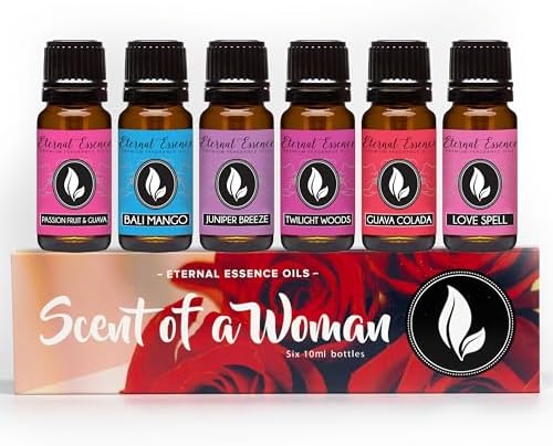 Eternal Essence Oils Scent of a Woman Set of 6 Premium Fragrance Oils - Includes Guava Colada, Twilight Woods, Bali Mango, Passion Fruit & Guava, Juniper Breeze, and Love Spell Scented Oils - 10ML