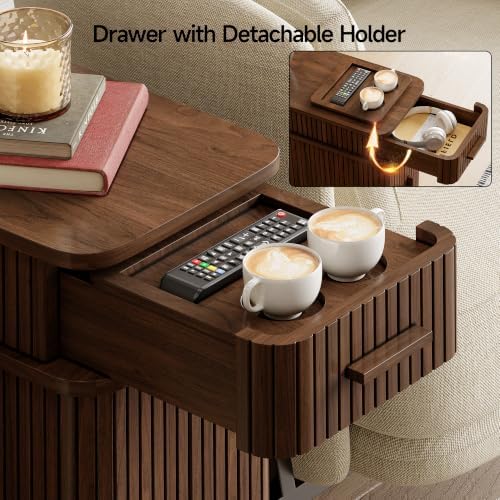 ONBRILL Fluted End Table with Charging Station, Narrow Side Table with Drawers, Wood Skinny Nightstand with Storage, Mid-Century Modern Bedside Tables for Small Space Living Room Bedroom Sofa Couch