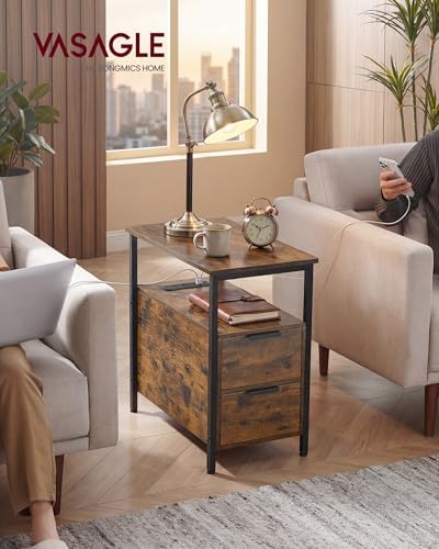 VASAGLE Side End Table with Charging Station, Slim Nightstand with Storage