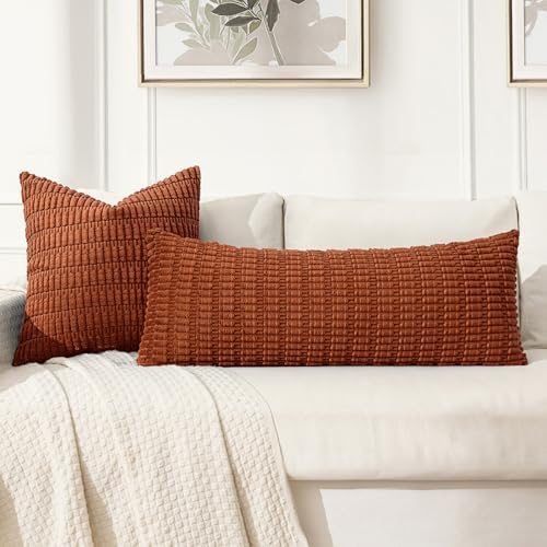 MIULEE Fall Lumbar Corduroy Throw Pillow Cover for Bed 14x36 Dark Rust