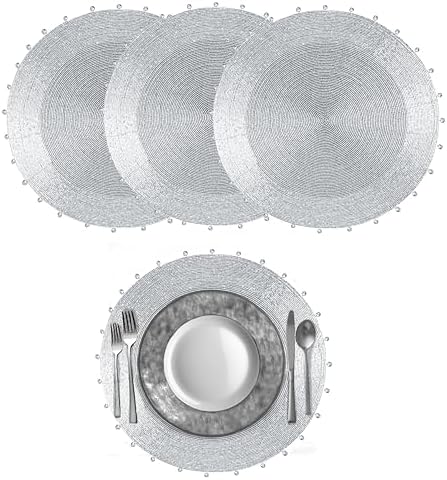 COTTON CRAFT Glitz Handmade Beaded Charger Placemat - 4 Pack - Silver Bells