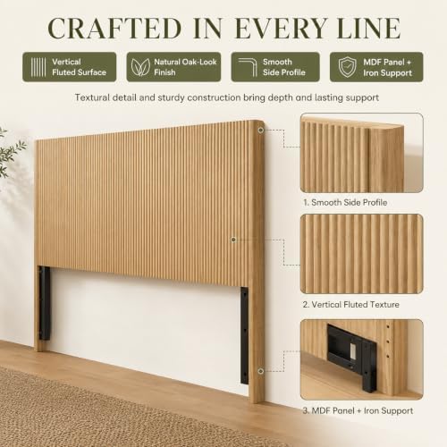 Queen Size Fluted Headboard Only, Boho Head Boards Queen with Arched Corrugated, Wood Head Board for Full/Queen Bed Frames,Rustic & Modern Farmhouse, Oak