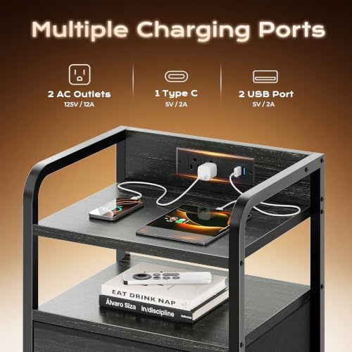 Huuger Nightstands Set of 2, Night Stand with LED Lights, Charging Station