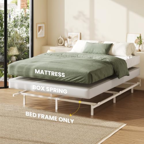 SHA CERLIN 7 Inch Metal Bed Frame, 9-Leg Box Spring Base, White, Full