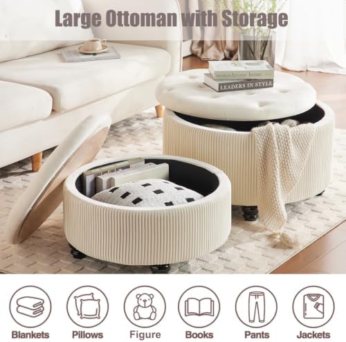 29'' & 24.5'' Round Storage Ottoman Coffee Table Set of 2, Off White
