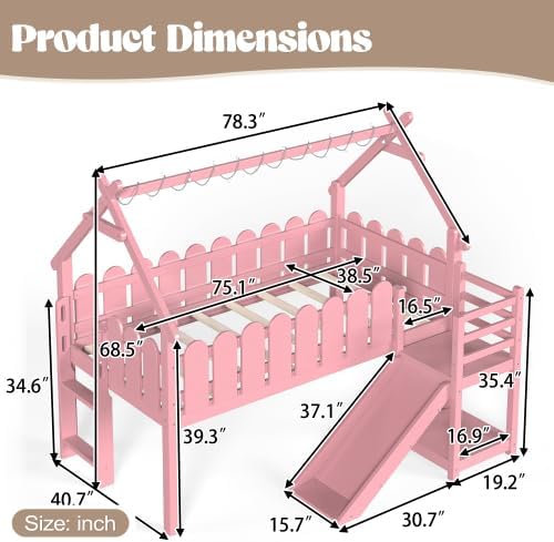 Bellemave Low Loft Bed Twin with Slide and Lights Strip for Kids, Pink