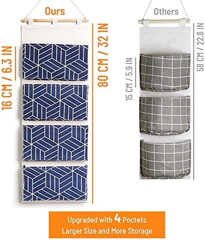 CROWNED 2Pcs Over Door Hanging Storage Bags Wall Mount Closet Organizer, 4 Big Pockets Linen Cotton Fabric Multi Functional Living Room Bedroom Bathroom File Magazine Waterproof Free Hooks Navy