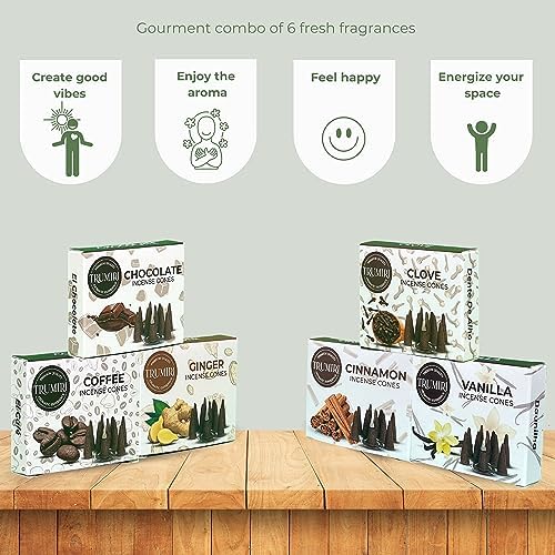 TRUMIRI Gourmet Incense Cones - Variety Pack - Total 60 Cone Incense (6 Scents x 10 Conos) - Vanilla, Cinnamon, Coffee, Chocolate, Clove, Ginger - Cone Incense Scents - Insense Cones - Incent Cone