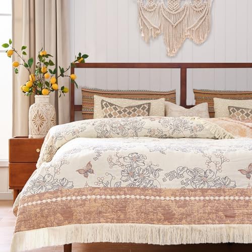 jinchan 100% Cotton Muslin Blanket with Tassel Boho Queen 60x80 Taupe/White
