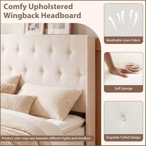 GIANTEX Queen Size Lift Up Storage Bed, Modern Linen Upholstered Platform w/Button Tufted Wingback Headboard & Hydraulic Support, Queen Bed Frame with Storage, No Box Spring Needed (Beige)