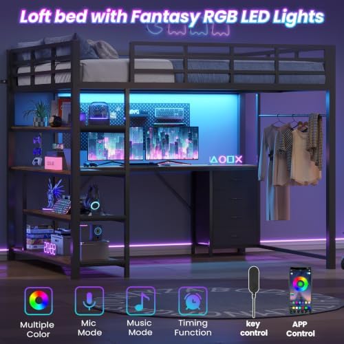 Loft Bed Full Size with L Shape Desk,4 Drawers,3-Tier Storage Shelves Metal Loft Bed Frame with Power Outlet and LED Lighted,No Box Spring Needed,Space-Saving,Noise Free (Brown & Black, Full Size)