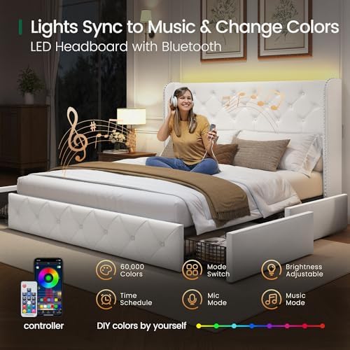 LARMACE Queen Size Bed Frame with LED Lights and 4 Storage Drawers Velvet Upholstered Platform Bed Frame with 47.2" Tall Tufted Headboard Wingback, No Box Spring Needed, Easy to Assemble, White