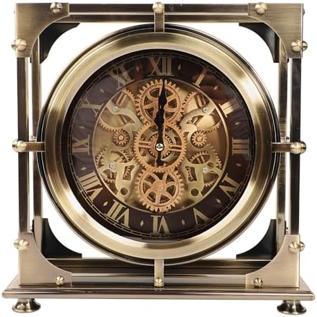 Moving Gears Desk Clock, Mantle Clock, Industrial Steampunk Art Decorative Clocks for Living Room Farmhouse Offcie, Christams Gifts Ideas for Father Boss Senior Friend (12inch Bronze Roman)
