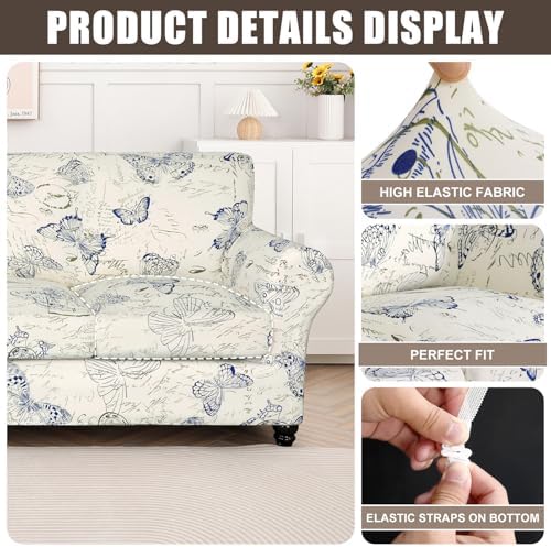 SearchI Stretch Sofa Cover Printed Couch Covers, Floral Pattern 2 Piece Armchair Slipcover with Separate Chair Cushion Cover, Washable Furniture Protector for Living Room(Chair, Butterfly Pattern)
