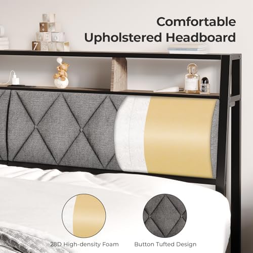 Headboard Queen Size with Storage, Charging Station & Lights, Dark Grey
