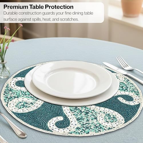 ALPHA Living HOME Beaded Placemats 13 Inch Teal Ivory Round Table Mats