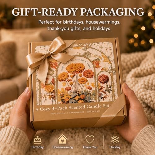 Yinuo Candle Scented Candles Gift Set, 4 Pack 28 oz Wooden Wick Soy Candles